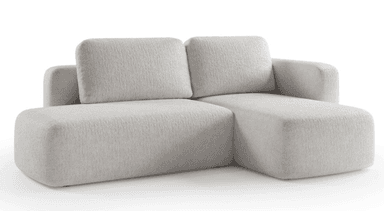 A contemporary modular sectional sofa in a light, neutral color, upholstered in a textured fabric, featuring a main two-seat section and an integrated chaise lounge, characterized by soft, rounded edges and a low-profile design. — 3D model