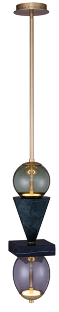 A modern pendant light featuring a brass canopy and suspension rod, leading to a stacked composition of geometric elements. It includes two spherical smoked glass diffusers housing the light sources, separated by a dark green conical marble piece and a dark square marble block. The overall design emphasizes a contemporary and architectural aesthetic. — 3D model