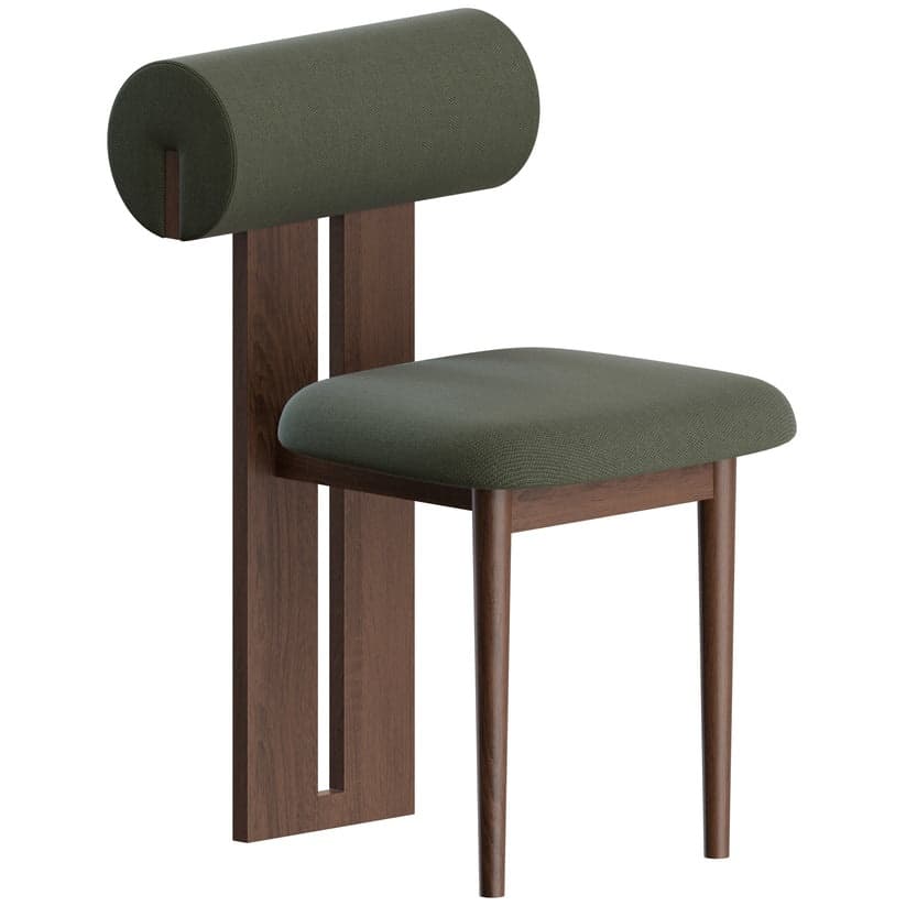 A modern dining chair featuring a dark walnut-toned wooden frame, a dark green upholstered seat, and a distinctive cylindrical upholstered backrest supported by a vertical wood panel. — 3D model