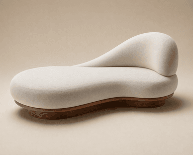 An organic modern chaise lounge featuring a soft, cream-colored upholstered body with a distinctive asymmetrical and curvilinear form. The plush seating surface and integrated, gently sloped backrest are supported by a contoured, dark wood base that mirrors the organic shape of the upper section. The design emphasizes comfort and fluid lines. — 3D model