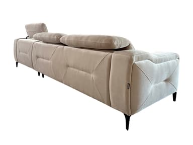 A light gray sectional sofa with a chaise lounge extension. The sofa features plush cushions and a modern design with angular armrests and subtly decorative stitching on the sides. It is supported by slender, dark-colored legs. — 3D model