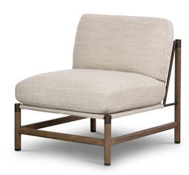 An armless lounge chair featuring a minimalist design with a visible wooden frame and light-colored upholstered cushions. The seat and back cushions are thick and appear to be covered in a textured, light beige fabric. The frame consists of solid wood legs and crossbars in a medium-brown finish, with dark metal brackets securing the parts and supporting the sling-style seat base. The backrest is angled for comfort, and the overall aesthetic is clean and modern. — 3D model