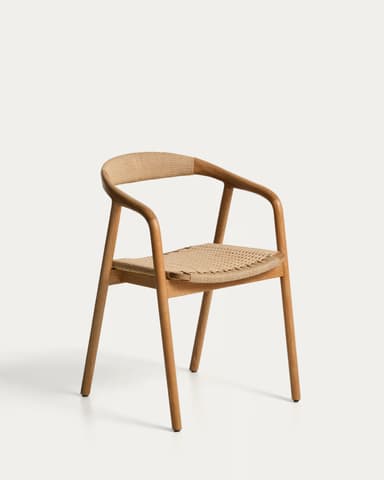 A modern dining chair with a curved backrest and a woven seat. The frame is constructed from light-colored wood, possibly oak, with a natural finish. The seat and backrest are made of a tightly woven natural fiber material, likely rattan or a similar cane, giving it a textured appearance. The chair has four legs, with the front legs being straight and the back legs appearing to extend upwards to form the chair's arms and support the backrest. The design is minimalist and ergonomic, emphasizing natural materials and clean lines. — 3D model
