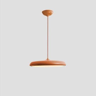 A modern, minimalist white disc-shaped pendant light suspended from a ceiling rod. It features an integrated light source providing downward illumination through a wide diffuser. — 3D model