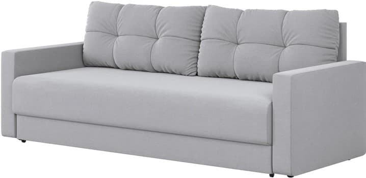 A contemporary three-seater sofa upholstered in light grey fabric, featuring a clean-lined design with wide, square armrests and three square-tufted back cushions. The base suggests an integrated pull-out mechanism, indicating its function as a sofa bed. — 3D model
