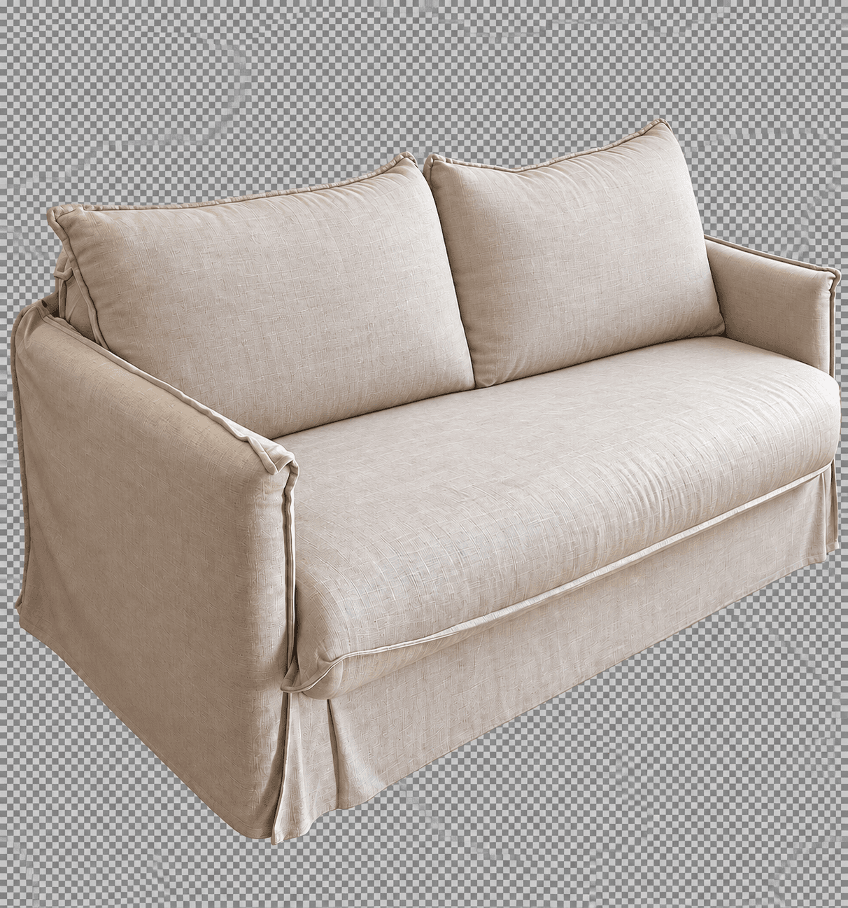 A light beige, slipcovered loveseat featuring two generously padded seat cushions and two back cushions. It has soft, rolled armrests and a pleated skirt concealing the base, all in a textured linen-blend fabric. — 3D model