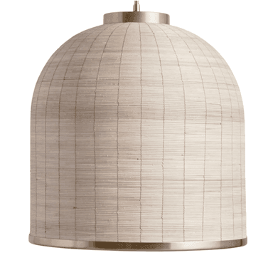 A bell-shaped pendant light featuring a shade meticulously crafted from tightly woven natural rattan or cane in a light beige hue. It is accented with polished brass-toned metallic elements, including a suspension cap at the top and a thin band encircling the bottom rim. The shade exhibits a distinct vertical ribbed texture, contributing to its organic and contemporary aesthetic. — 3D model