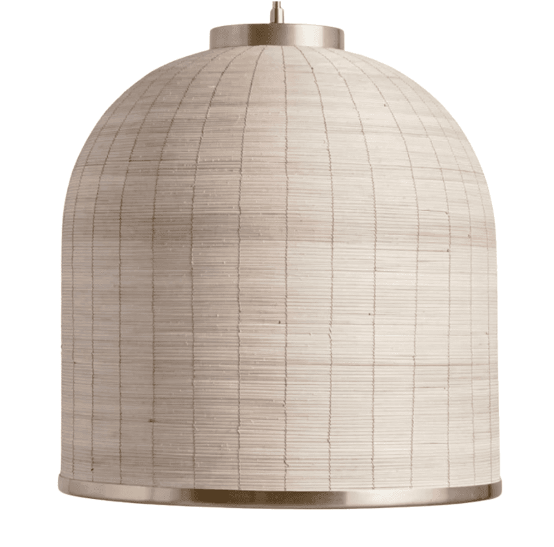 A bell-shaped pendant light featuring a shade meticulously crafted from tightly woven natural rattan or cane in a light beige hue. It is accented with polished brass-toned metallic elements, including a suspension cap at the top and a thin band encircling the bottom rim. The shade exhibits a distinct vertical ribbed texture, contributing to its organic and contemporary aesthetic. — 3D model