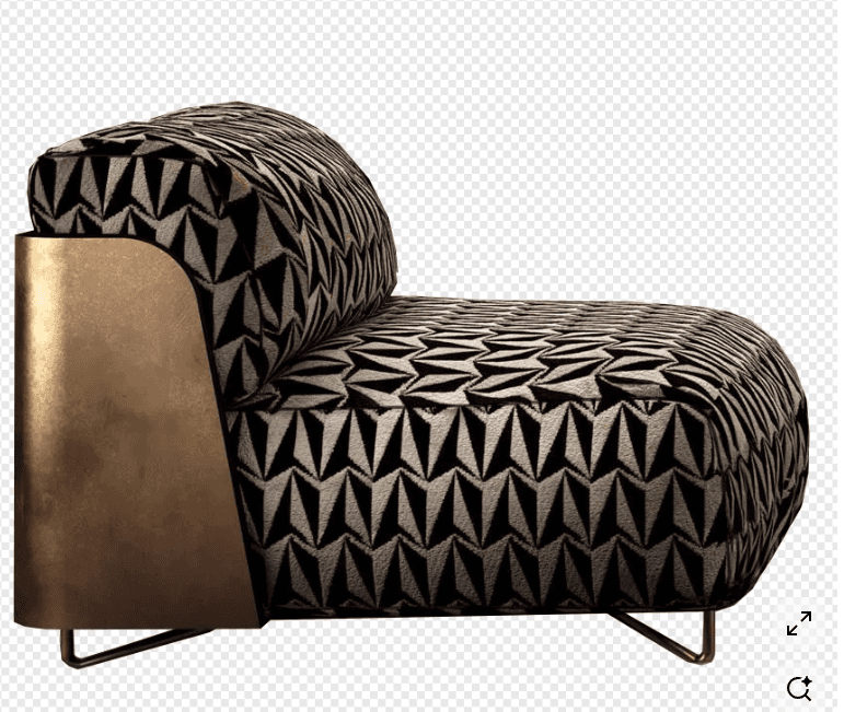 A modern armchair featuring a rounded, upholstered form with a striking geometric pattern. The armchair has a prominent metallic armrest panel and sits on slender metal legs. — 3D model