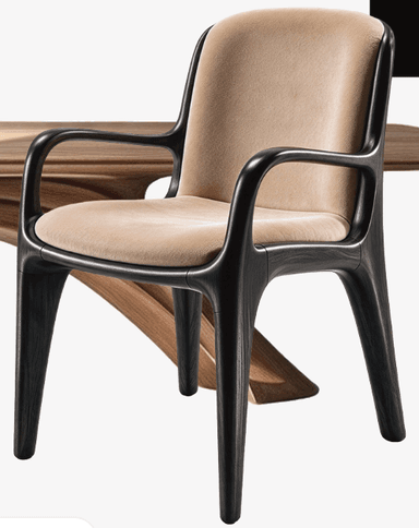 A contemporary armchair featuring a dark stained wooden frame with a curved, integrated design, encompassing both the armrests and legs. The seat and backrest are upholstered in a light, neutral-toned fabric, providing a soft contrast to the dark wood. The chair exhibits clean lines and a minimalist aesthetic. — 3D model