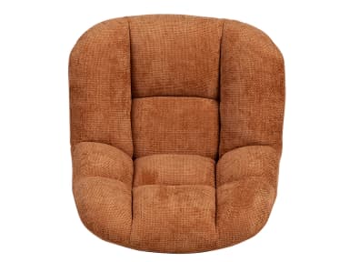 A contemporary lounge chair upholstered in a textured terracotta-colored fabric, featuring a deeply padded and ribbed seat and backrest, mounted on a sleek black four-star swivel base. — 3D model