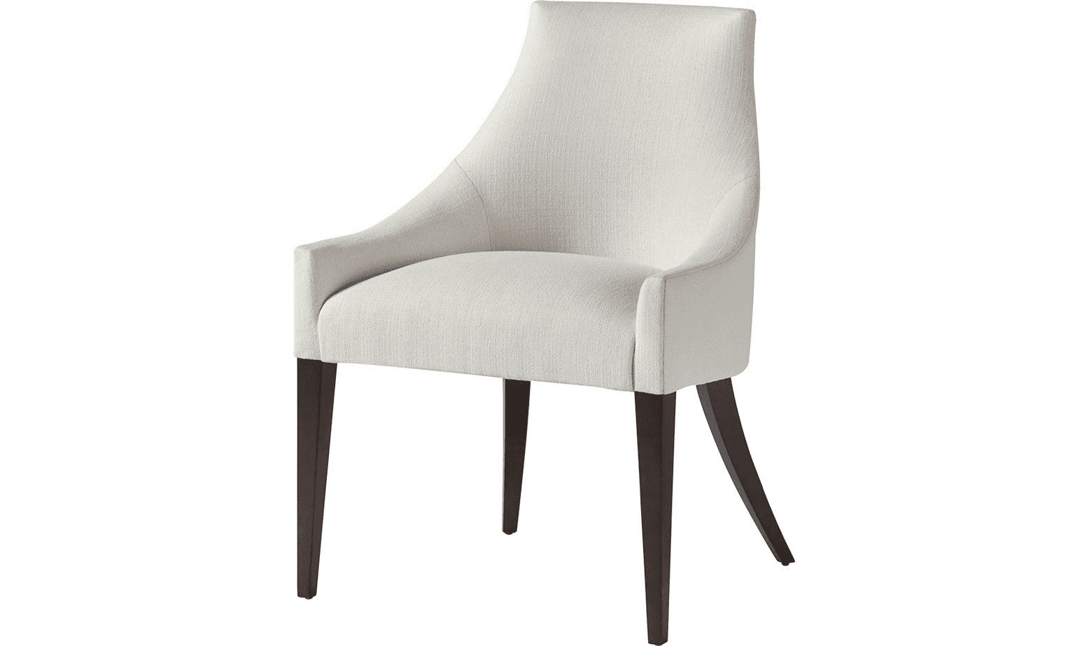 A fully upholstered contemporary armchair with a high, gently curved backrest, integrated armrests, and four dark, tapered wooden legs. The chair is covered in a textured light off-white or cream fabric. — 3D model