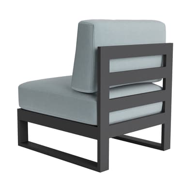 A modern armless chair with a sturdy, dark-colored frame and upholstered cushions in a light blue fabric. The base has a minimalist, geometric design, suggesting outdoor or contemporary indoor use. The cushions appear plush and well-stitched. — 3D model