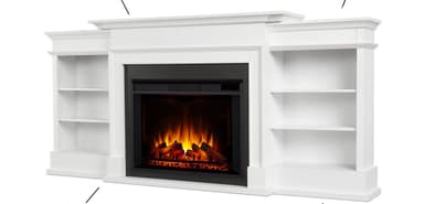 A freestanding electric fireplace console featuring a clean white finish, designed with a central electric firebox flanked by two open bookshelves. The unit includes a decorative mantel top and a sturdy base, presenting a blend of heating and storage functionality. — 3D model