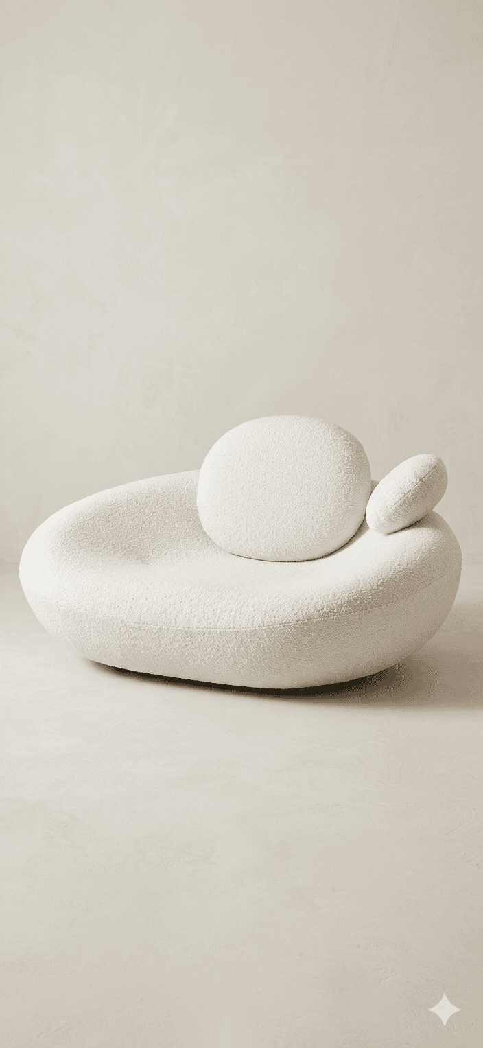 A contemporary, organic-shaped sofa with a low profile. It features a rounded, asymmetrical form with a textured, boucle-like upholstery. Two distinct, rounded cushions are integrated into the design, one larger and one smaller, serving as backrests or decorative elements. The overall aesthetic is minimalist and sculptural. — 3D model