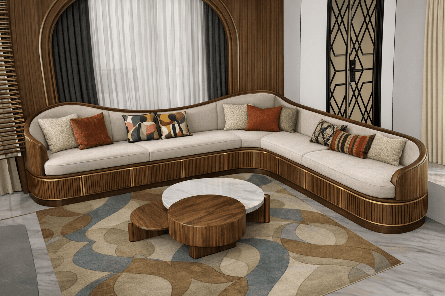 A modern, L-shaped sectional sofa with a curved silhouette. The sofa features a light-colored upholstered seat and backrest, with a wooden frame. The wooden base has a fluted design with brass accents, and the arms are also curved and integrated into the frame. It is adorned with several decorative throw pillows in various patterns and colors. — 3D model