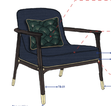 An upholstered armchair featuring a dark-stained exposed wooden frame, navy blue fabric upholstery, and brass leg caps, accompanied by a decorative throw pillow with a green fan pattern. — 3D model