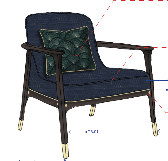 An upholstered armchair featuring a dark-stained exposed wooden frame, navy blue fabric upholstery, and brass leg caps, accompanied by a decorative throw pillow with a green fan pattern. — 3D model
