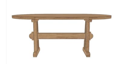 A wooden dining table with an oval top supported by a sturdy trestle base, rendered in a natural wood finish. — 3D model