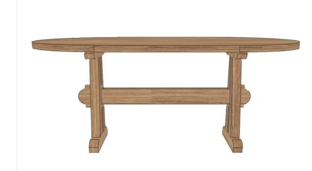 A wooden dining table with an oval top supported by a sturdy trestle base, rendered in a natural wood finish. — 3D model