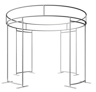 A cylindrical display stand constructed from metal tubing. It features two horizontal circular rings connected by vertical supports. The base consists of flat, extended feet for stability. The overall structure is open and appears designed for holding or showcasing items. — 3D model
