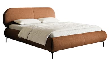 A modern upholstered bed frame with a rounded headboard and a low-profile base. The bed is covered in a textured, cinnamon-colored fabric. Two white pillows are placed on the mattress, which is covered with white bedding. — 3D model