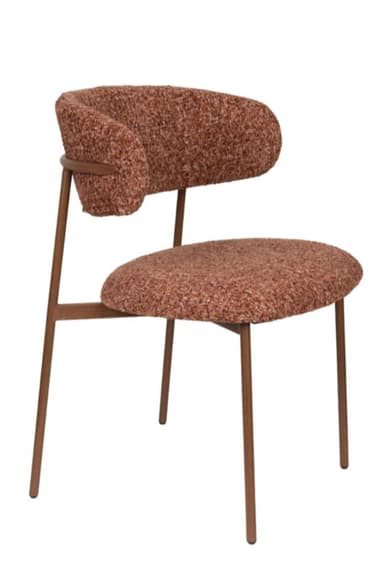 A modern armchair with a curved backrest and a circular seat. The armchair features a metal frame with slender legs and a curved metal support connecting the backrest. Both the seat and backrest are upholstered in a textured, multi-tonal reddish-brown fabric. — 3D model