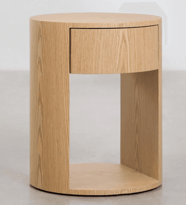 A cylindrical nightstand made of light-colored ash wood, featuring a single drawer and an open storage compartment within its drum-shaped body. — 3D model