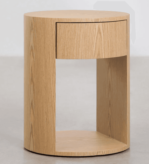 A cylindrical nightstand made of light-colored ash wood, featuring a single drawer and an open storage compartment within its drum-shaped body. — 3D model