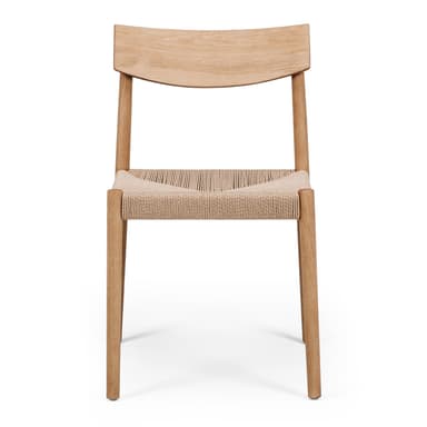 A contemporary dining chair featuring a natural oak wood frame and a hand-woven paper cord seat. The design is minimalist with clean lines and a gently curved backrest. — 3D model