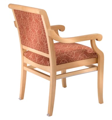 A wooden armchair featuring a light-toned frame and upholstered seat and backrest. The upholstery is a reddish-orange fabric with an intricate, light-colored swirl pattern. The chair has straight legs, connecting stretchers, and gently curved, open armrests. — 3D model