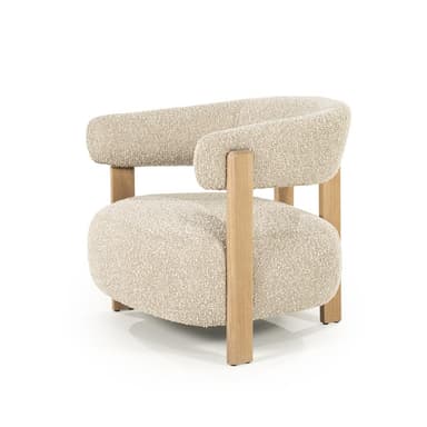 A modern armchair with a textured boucle upholstery and a wooden frame. The chair features a rounded seat and backrest, supported by four visible wooden legs and structural elements. The arms are integrated into the backrest structure. — 3D model