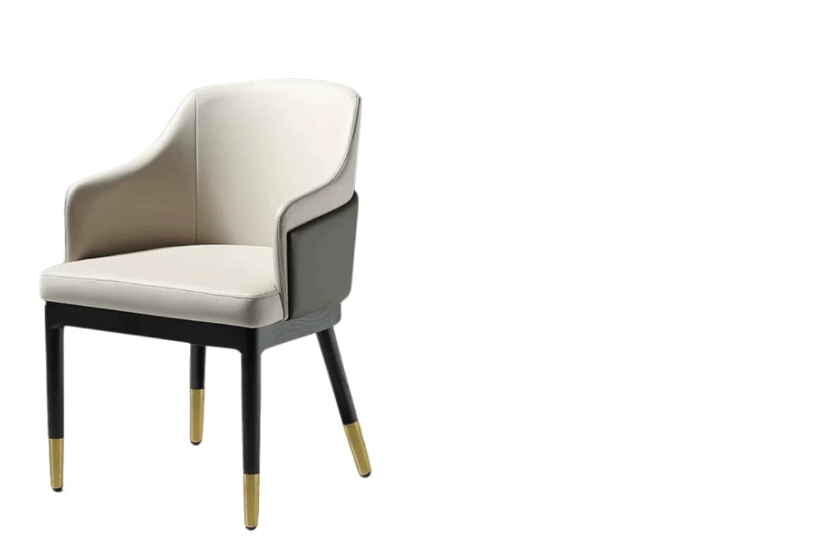 A modern upholstered armchair featuring a curved backrest and integrated armrests, rendered in a two-tone upholstery scheme with a light-colored main body and darker exterior arm panels. It stands on dark wooden tapered legs, which are capped with elegant brass ferrules. — 3D model