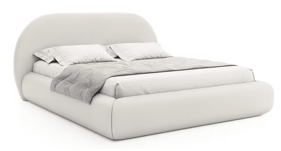 A modern, fully upholstered bed featuring a plush, rounded headboard that curves inwards towards the foot of the bed. The entire frame, including the headboard and side rails, is covered in a light, off-white or cream-colored fabric. The bed is presented with white bedding and a light gray throw blanket. — 3D model