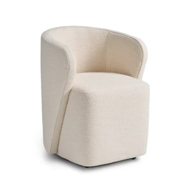 A contemporary barrel-shaped armchair, fully upholstered in a textured off-white boucle fabric, featuring a continuous curved backrest that seamlessly integrates with the armrests. The base is also upholstered. — 3D model