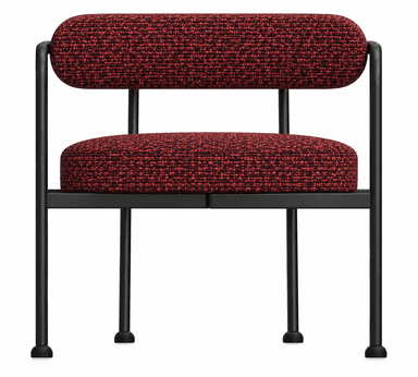 An industrial-style armchair featuring a black tubular metal frame and deep red-brown, textured fabric upholstery on separate seat and back cushions. The armrests are integrated into the continuous frame structure. — 3D model