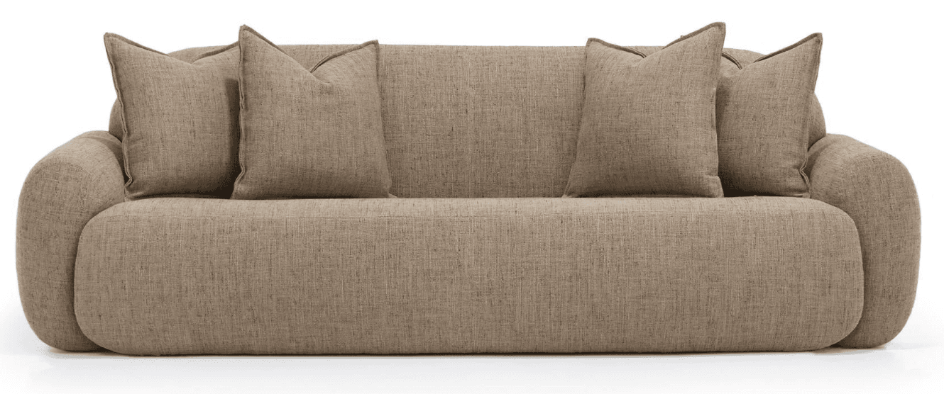 A three-seater sofa with rounded arms and a streamlined base. It features a textured, woven upholstery fabric and comes with four loose back cushions, two on each side, which are square in shape with a slight loft. The overall design is contemporary with a focus on soft, organic lines. — 3D model