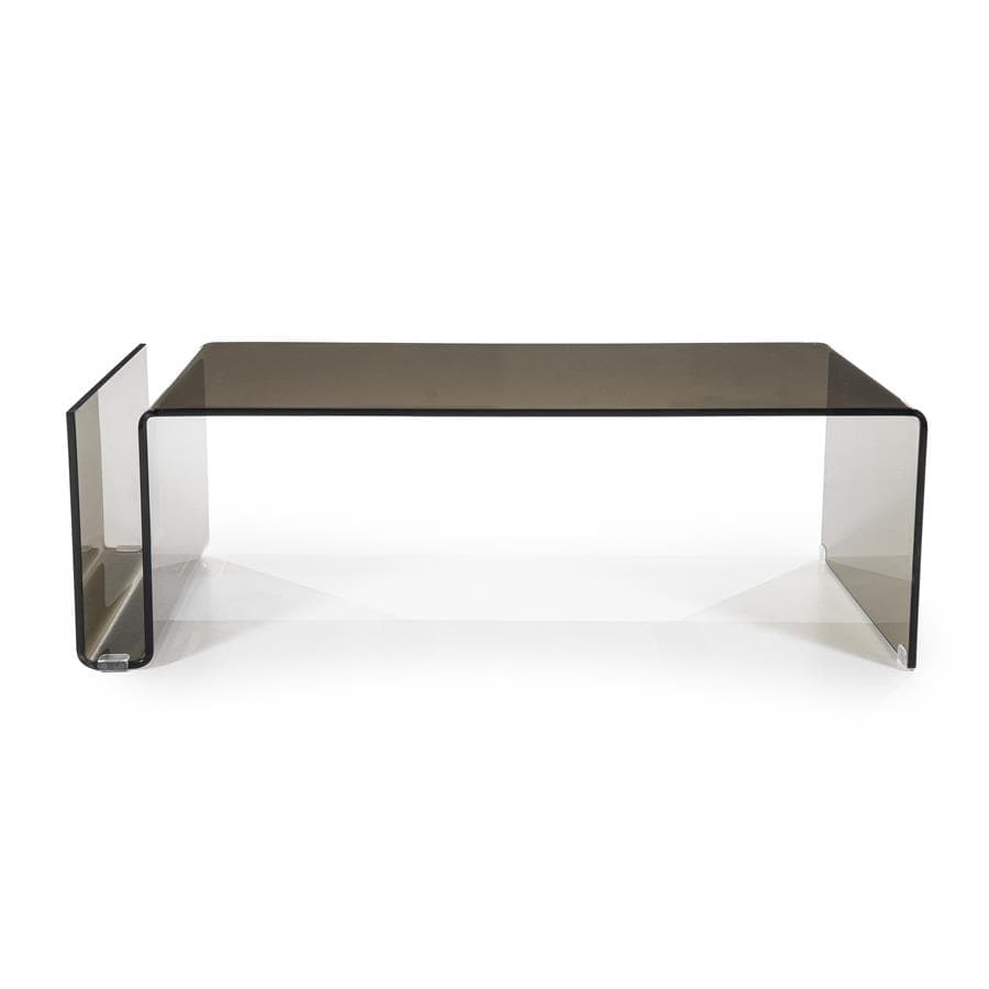 A contemporary coffee table constructed entirely from bent glass. The design features a single piece of smoked glass that is folded to create a rectangular top surface and two C-shaped legs. The left leg has an additional vertical extension, creating a visually interesting asymmetrical element. The material exhibits a glossy finish and transparency. — 3D model