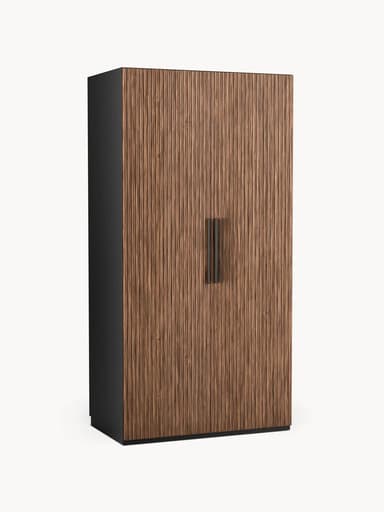A tall, rectangular cabinet with two doors. The doors feature a prominent vertical ribbed texture, resembling wood grain or bamboo. The sides of the cabinet are a contrasting solid dark color. It is equipped with two vertical, dark-colored handles centered on the doors. — 3D model