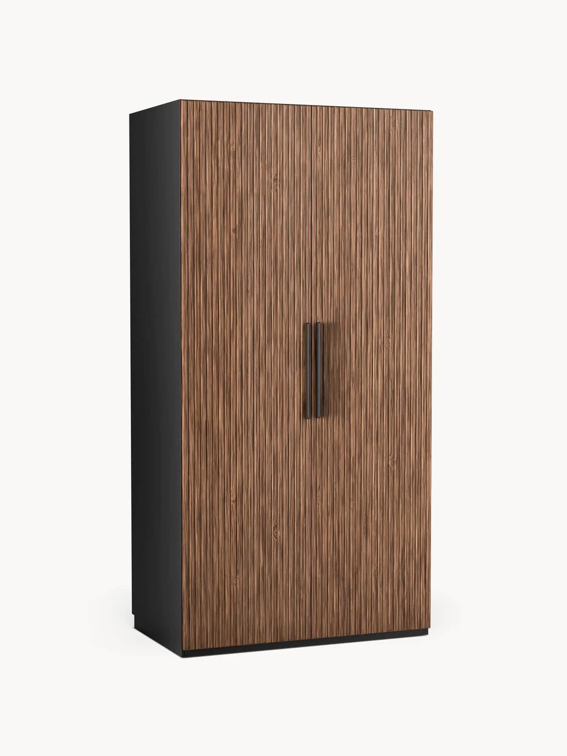 A tall, rectangular cabinet with two doors. The doors feature a prominent vertical ribbed texture, resembling wood grain or bamboo. The sides of the cabinet are a contrasting solid dark color. It is equipped with two vertical, dark-colored handles centered on the doors. — 3D model