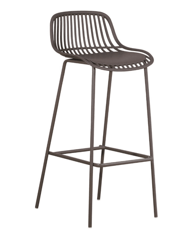 A contemporary bar stool featuring a slatted backrest and seat, constructed from a uniform dark taupe material, likely molded plastic, supported by a four-legged metal frame with an integrated footrest. The design is minimalist and functional. — 3D model