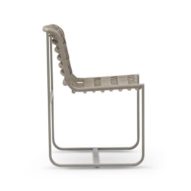 An armless chair featuring a gray tubular metal frame with a sled base, and a woven beige synthetic rope forming the seat and backrest. The design is modern and minimalist. — 3D model