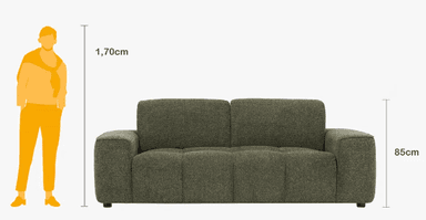 A contemporary two-seater loveseat upholstered in a textured olive green boucle-style fabric, featuring clean lines, block track arms, and a distinctive channeled seat cushion design. — 3D model