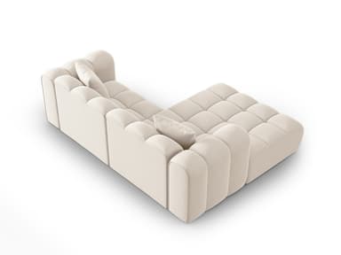 A sectional sofa viewed from a top-down perspective. It features a tufted design with square indentations across the seat and back cushions. Two accent pillows, also tufted, are placed on the seating surface. The sofa has an L-shaped configuration. — 3D model