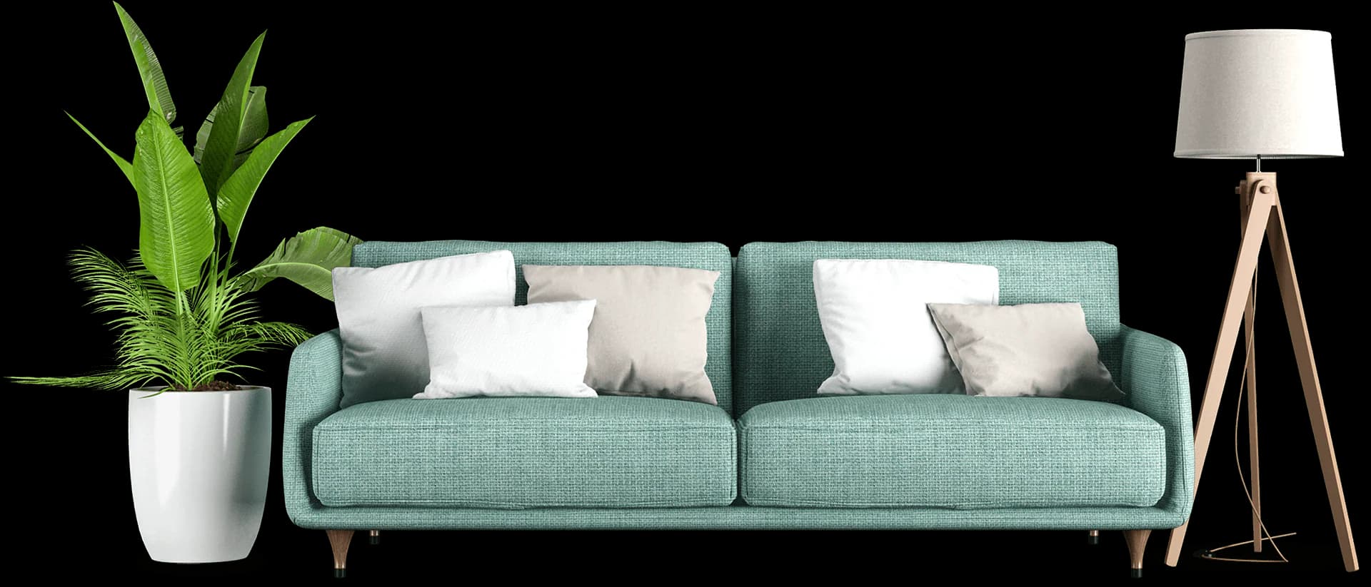 A contemporary three-seater sofa upholstered in a light teal or mint green textured fabric. It features two deep seat cushions and multiple loose back cushions in matching teal, white, and beige. The sofa has a streamlined profile with gently rounded arms and sits on four splayed, tapered wooden legs. — 3D model