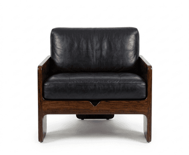 A Mid-Century Modern style armchair featuring a solid, dark wood frame and plush black leather upholstery. — 3D model