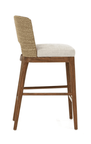 A high-backed bar stool with a solid wood frame, an upholstered seat in a light fabric, and a curved backrest made of tightly woven natural fibers. It features a brass footrest bar. — 3D model
