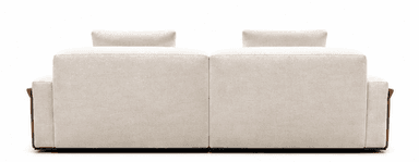 A modern two-piece modular sectional sofa upholstered in light beige fabric, featuring square armrests with brown accent panels and contrasting brown throw pillows. — 3D model