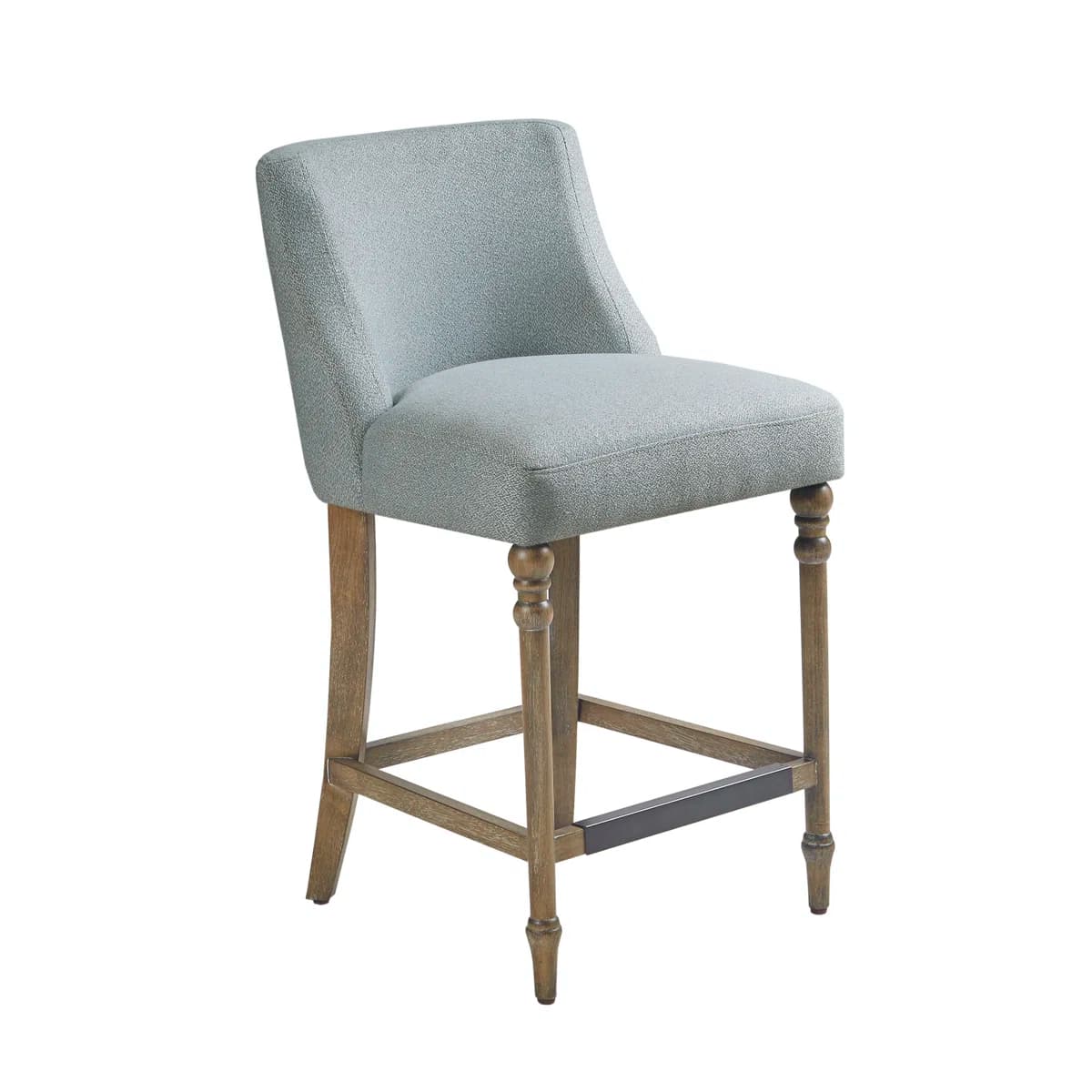 A light blue upholstered bar stool with a curved backrest and four wooden legs. The legs feature turned detailing, and there is a metal footrest connecting the front two legs. — 3D model
