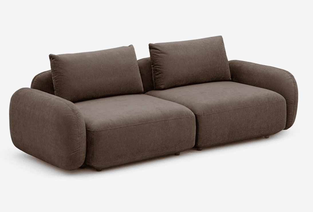 A contemporary two-seater sofa with plush, rounded arms and back cushions. The sofa is upholstered in a textured brown fabric and features clean stitching lines. It appears to be modular or composed of two distinct seating units. — 3D model